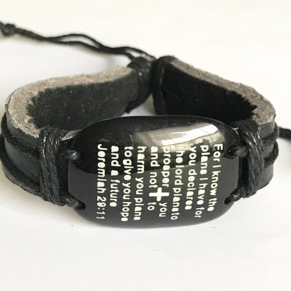 Jeremiah 29:11 Bible Verse Message Bracelet Mens Womens Black Leather Rope - Picture 5 of 11